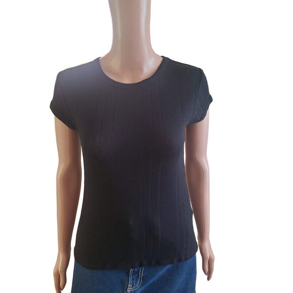 Nation LTD Size S Black Vertical Ribbed Crew Neck TShirt Tee **TINY FLAW** - Picture 1 of 9
